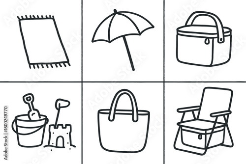 hand drawn cute out doodle style isolated beach towel blanket beach umbrella canopy beach cooler bag beach sandcastle kit beach tote bag beach chair cooler