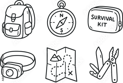 hand drawn cute out doodle style isolated adventure backpack adventure compass adventure survival kit adventure headlamp adventure trail map adventure multi tool