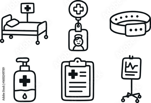 hand drawn cute out doodle style isolated hospital bed tracker hospital nurse badge reel hospital patient wristband hospital sanitizer dispenser hospital clipboard folder hospital chart