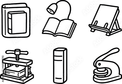 hand drawn cute out doodle style isolated book cover protector book reading lamp book stand book press book spine label book embosser