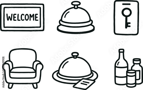 hand drawn cute out doodle style isolated hospitality welcome mat hospitality concierge bell hospitality guest keycard hospitality lounge seating hospitality room service tray hospitality