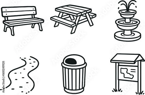 hand drawn cute out doodle style isolated park bench park picnic table park fountain park walking trail park trash receptacle park info kiosk