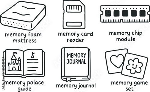 hand drawn cute out doodle style isolated memory foam mattress memory card reader memory chip module memory palace guide memory journal memory game