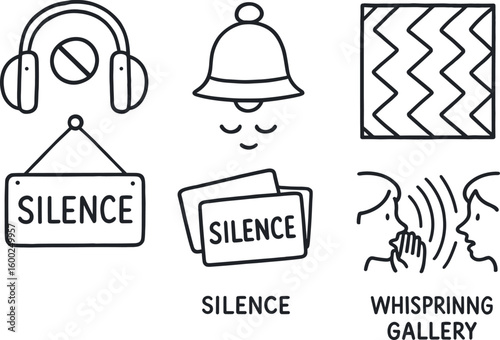 hand drawn cute out doodle style isolated silence noise canceling headphones silence meditation bell silence soundproof panel silence library sign silence cue cards silence whispering