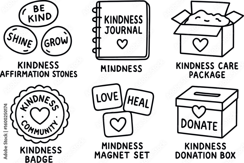 Fototapeta premium hand drawn cute out doodle style isolated kindness affirmation stones kindness journal notebook kindness care package kindness community badge kindness magnet kindness donation bo