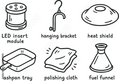 hand drawn cute out doodle style isolated lantern LED insert module lantern hanging bracket lantern heat shield lantern ashpan tray lantern polishing cloth lantern fuel funnel