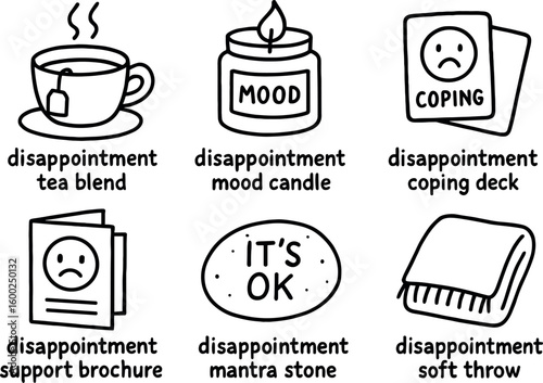 hand drawn cute out doodle style isolated disappointment comfort tea blend disappointment mood candle disappointment coping deck cards disappointment support brochure disappointment mantra