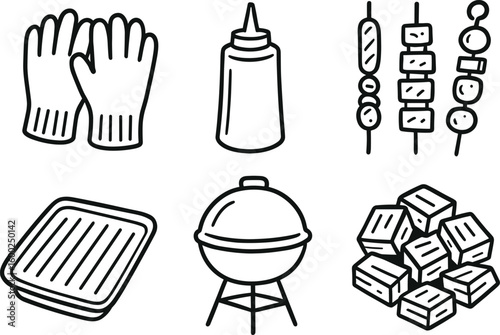 hand drawn cute out doodle style isolated barbecuing heat resistant gloves barbecuing sauce dispenser barbecuing skewers barbecuing drip pan barbecuing grill cover barbecuing wood chip