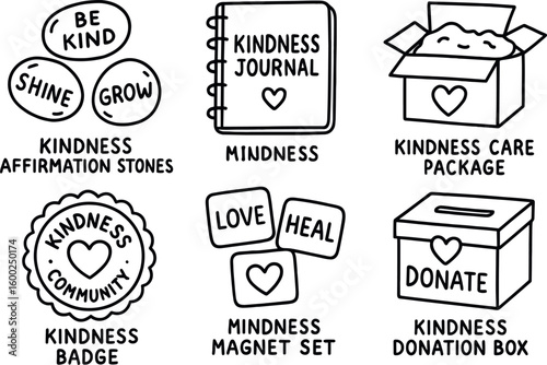 hand drawn cute out doodle style isolated kindness affirmation stones kindness journal notebook kindness care package kindness community badge kindness magnet kindness donation bo