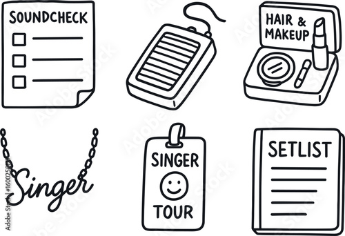 hand drawn cute out doodle style isolated singer soundcheck checklist singer foot pedal singer hair and makeup kit singer signature necklace singer tour bus pass singer setlist binder