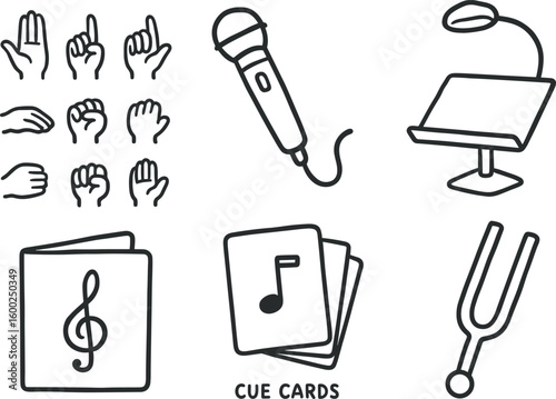 hand drawn cute out doodle style isolated conductor hand signals chart conductor wireless microphone conductor podium conductor music folder conductor cue cards conductor tuning fork
