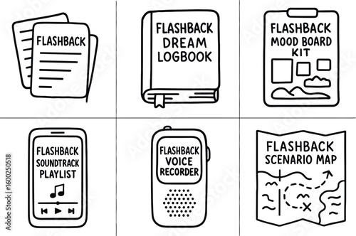 hand drawn cute out doodle style isolated flashback narrative prompt cards flashback dream logbook flashback mood board kit flashback soundtrack playlist flashback voice recorder flashback
