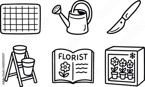 hand drawn cute out doodle style isolated florist workbench mat florist watering can florist bud unloader florist display stand florist training manual florist cooler bo