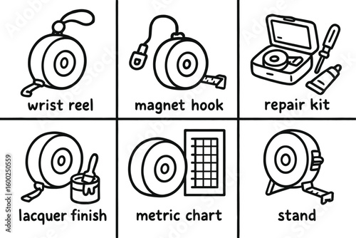 hand drawn cute out doodle style isolated measuring tape wrist reel measuring tape magnet hook measuring tape repair kit measuring tape lacquer finish measuring tape metric chart measuring