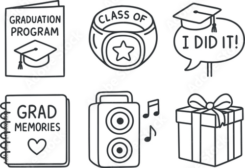 hand drawn cute out doodle style isolated graduation ceremony program graduation class ring graduation photo booth prop graduation memory scrapbook graduation sound system rental graduation