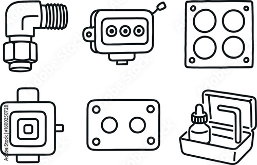 hand drawn cute out doodle style isolated microfluidic valve adaptor fitting microfluidic valve sensor array microfluidic valve gasket sheet microfluidic valve solenoid coil microfluidic
