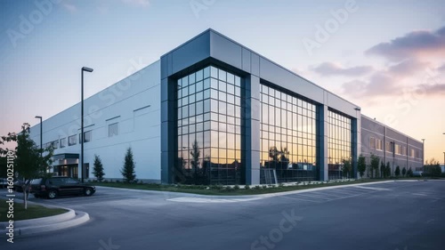 Wallpaper Mural Exterior view of a modern commercial building with large windows and a parking lot at sunset time Torontodigital.ca