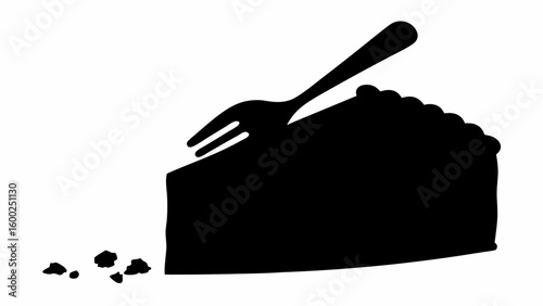 Black silhouette of a slice of cake with a white layer and a fork next to some crumbs on a white background