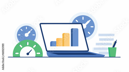 Illustration of a laptop displaying a bar graph with clocks, a gauge, and office supplies around it