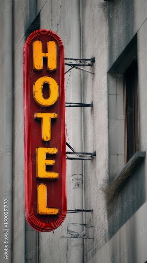 Bright hotel sign lights up a city street at dusk, welcoming travelers and passing pedestrians to stay nearby Bright hotel sign lights up a city street at dusk, welcoming travelers and passing pedestrians to stay nearby