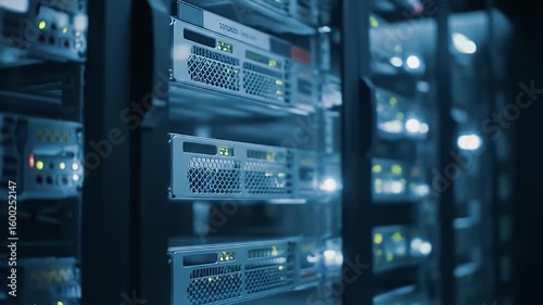 Rows of stacked servers with blinking lights inside a data center, shot in blue lighting