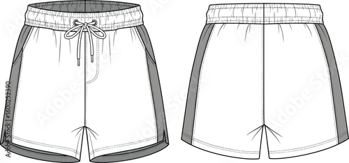 Front back view running shorts, drawstring waist, side panel, curved hem, activewear bottom, technical fashion, cad drawing flat vector illustration