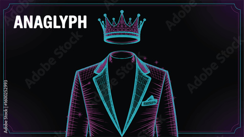 Surreal anaglyph digital art of an invisible king wearing a suit with a floating crown