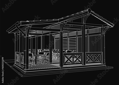 A wooden gazebo with a classic arbor contour stands against a dark background, featuring a table and chairs for outdoor relaxation. The 3D model highlights intricate details and natural textures.