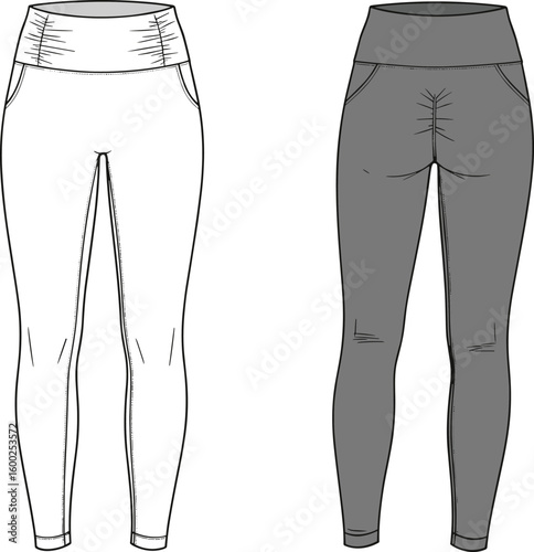 High waist leggings front back view, fashion flat sketch, fitness activewear pants design, technical drawing, stretch slim fit vector illustration