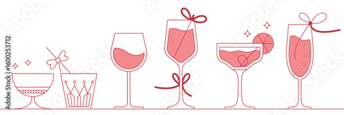 Elegant Female Hands Holding Cocktail Glasses. Doodle Alcoholic Drink Icons Decorated with Cute Pink Bows. Feminine Party Aesthetics in Outline Vector Illustration Collection for Design.


