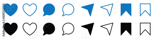 Share, like, comment and save icon set. Share, like, comment and save solid and line icons. vector illustration. eps file.