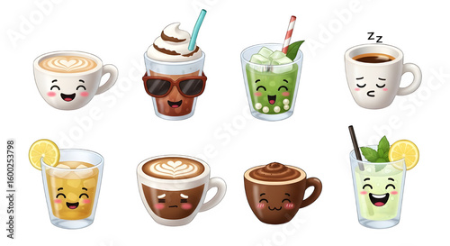 Collection of cute cartoon coffee drinks with faces isolated on transparent background