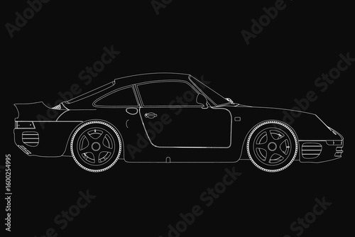 Car in black and white contour drawing, showcasing sleek curves and aerodynamic design. The detailed illustration contrasts sharply against the dark background.