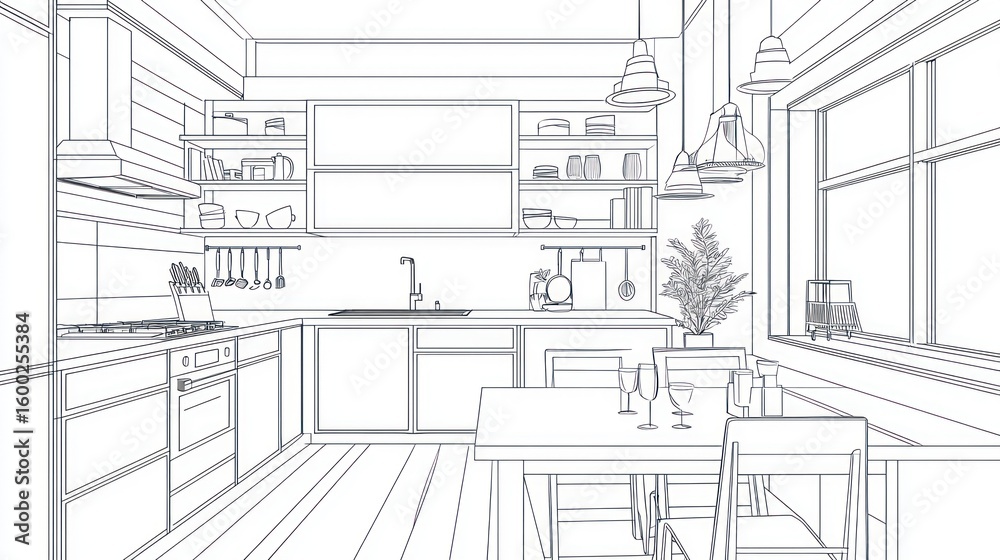 Fototapeta premium Line drawing of a modern kitchen design.