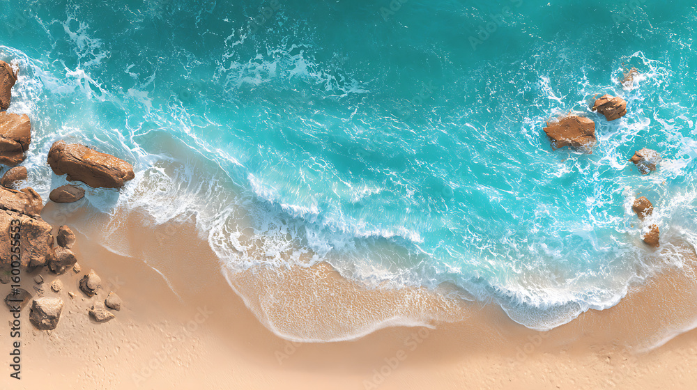 Obraz premium Turquoise ocean waves crashing on sandy beach with rocks, aerial view