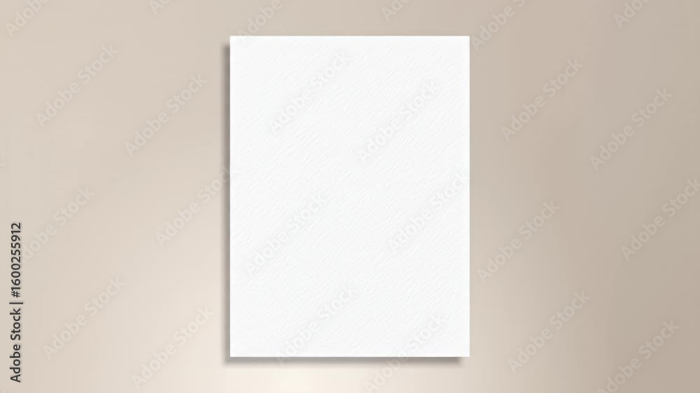 Textured white paper sheet on beige wall with soft shadow, mockup of a poster