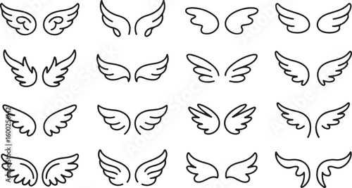 Collection of Angel Wing Outline Icons for Spiritual and Symbolic Art