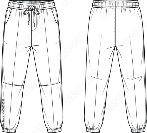 Jogger pants front and back view, drawstring waistband, cuffed hem, fashion flat, casual wear, cad drawing flat vector illustration