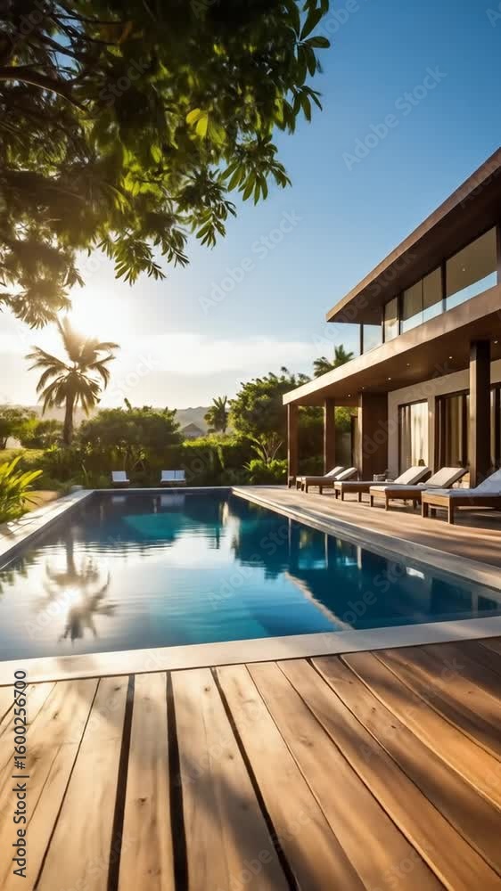 Modern house poolside view Modern house poolside view