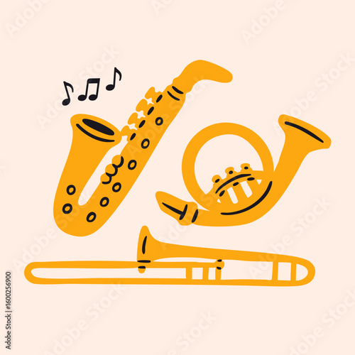 Brass wind musical instruments set. Music school, band, orchestra concept. Saxophone, trumpet, waldhorn, french horn. Hand drawn Vector illustration. Isolated design elements