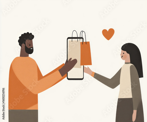Ecommerce phone with two people exchanging red shopping bags, concept shopping