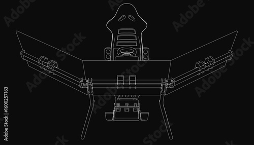 A sleek black and white drone features an integrated gaming chair with a comfortable seat and three monitors, designed for immersive simulator experiences.