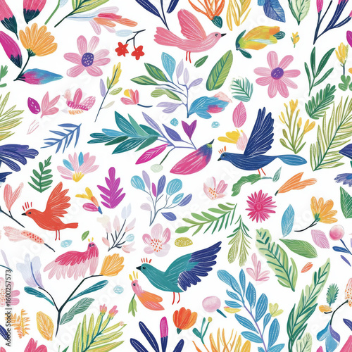 Ornate hand drawn bird illustration with colorful foliage, ideal for backgrounds