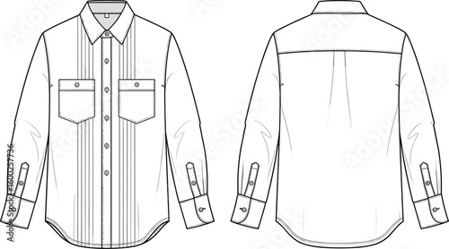 long sleeve button up shirt cad flat vector illustration with front and back view fashion technical drawing detailed template