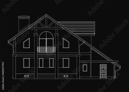 A two-story house with a balcony is depicted in a black and white contour drawing. The dark background emphasizes the clean lines and architectural details.