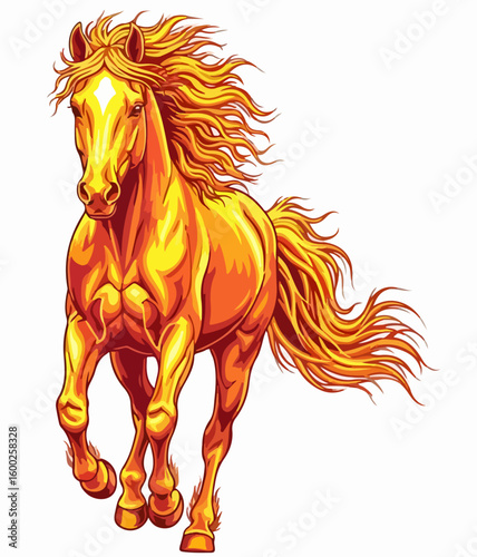 Fiery horse with flowing mane running on white backdrop. Fiery horse is a symbol of untamed strength, beauty and unyielding determination.