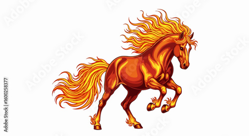 Fiery horse illustration showcases equine beauty in vivid color. Powerful horse embodies grace and energy, its mane ablaze like fire, creating striking image.