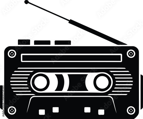 A black logotype vintage boombox silhouette design on white background