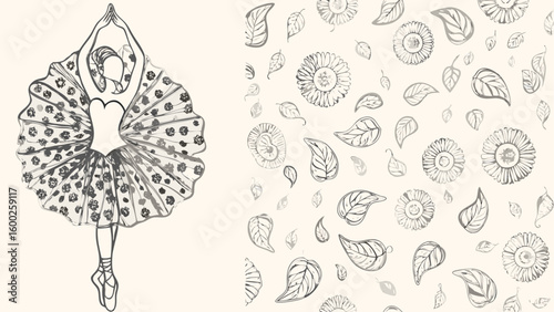 Ballerina in tutu with hands raised and flower and leaf pattern background in monochrome style drawing silhouette