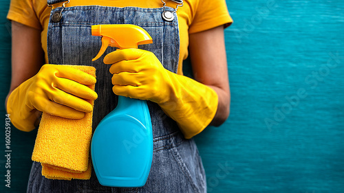 A woman in special clothes holds a cleaning spray and a napkin. The concept of cleaning, household chemicals.